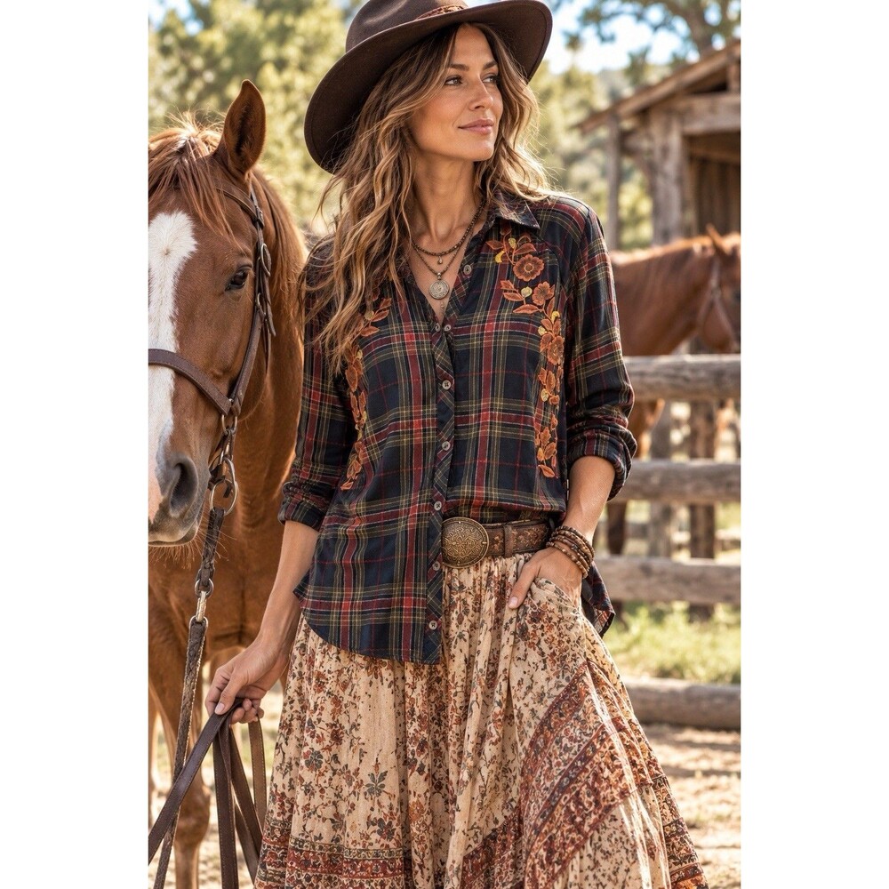 Tolani Collection Women’s M Boho Shirt Plaid Embroidered Button Down Western